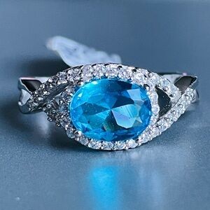 Lab Blue Topaz & White Cubic Zirconia Sterling Silver Crossover Ring